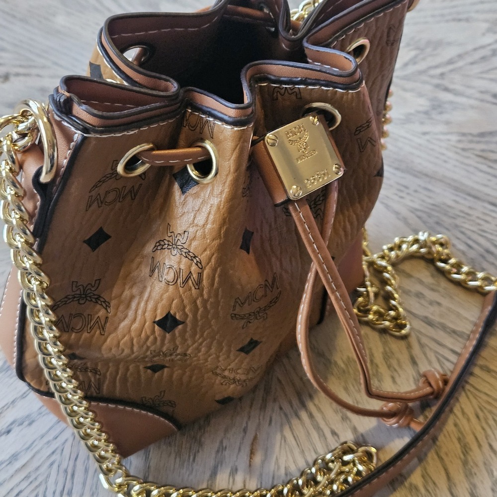 MCM Soft Berlin Visetos Monogram Drawstring Leather Bucket Bag Crossbody‎ Mini - Picture 2 of 14